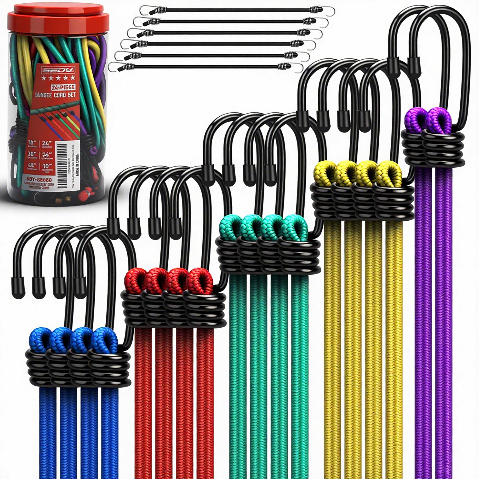 Photo 1 of 24-Piece Premium Bungee Cords Heavy Duty Outdoor, Bungee Cords with Hooks in a Storage Jar Includes 10", 18", 24", 30", 36", 48" Bungie Cord Bundle Assortment for Camping, Tent, Fastening Items