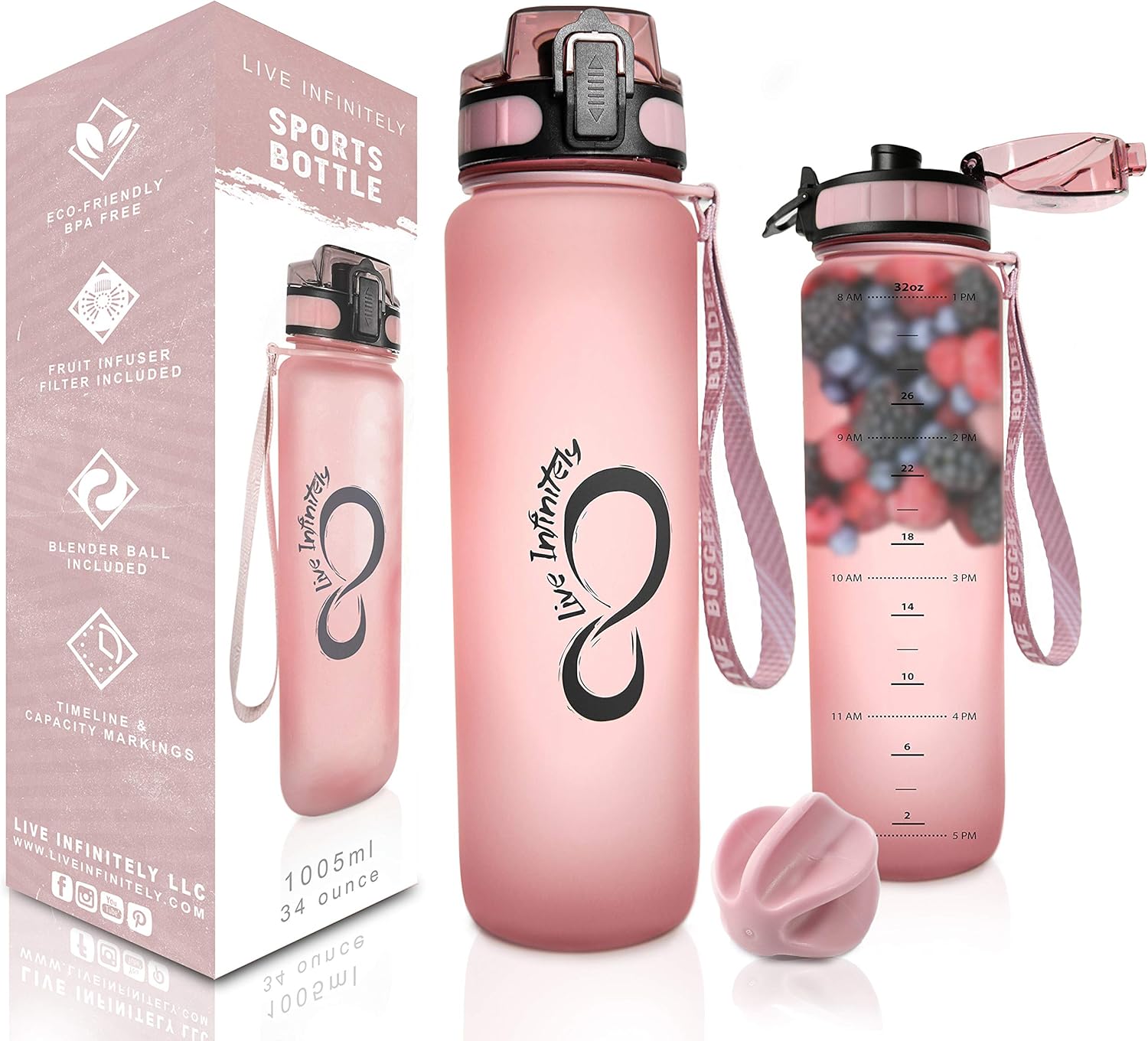 Live Infinitely 34 oz BPA Free Water Bottle with Time Marker, Fruit Infuser Screen & Shaker Blending Ball - Locking Flip Top Lid & Durable Rubberized Bottle Coating