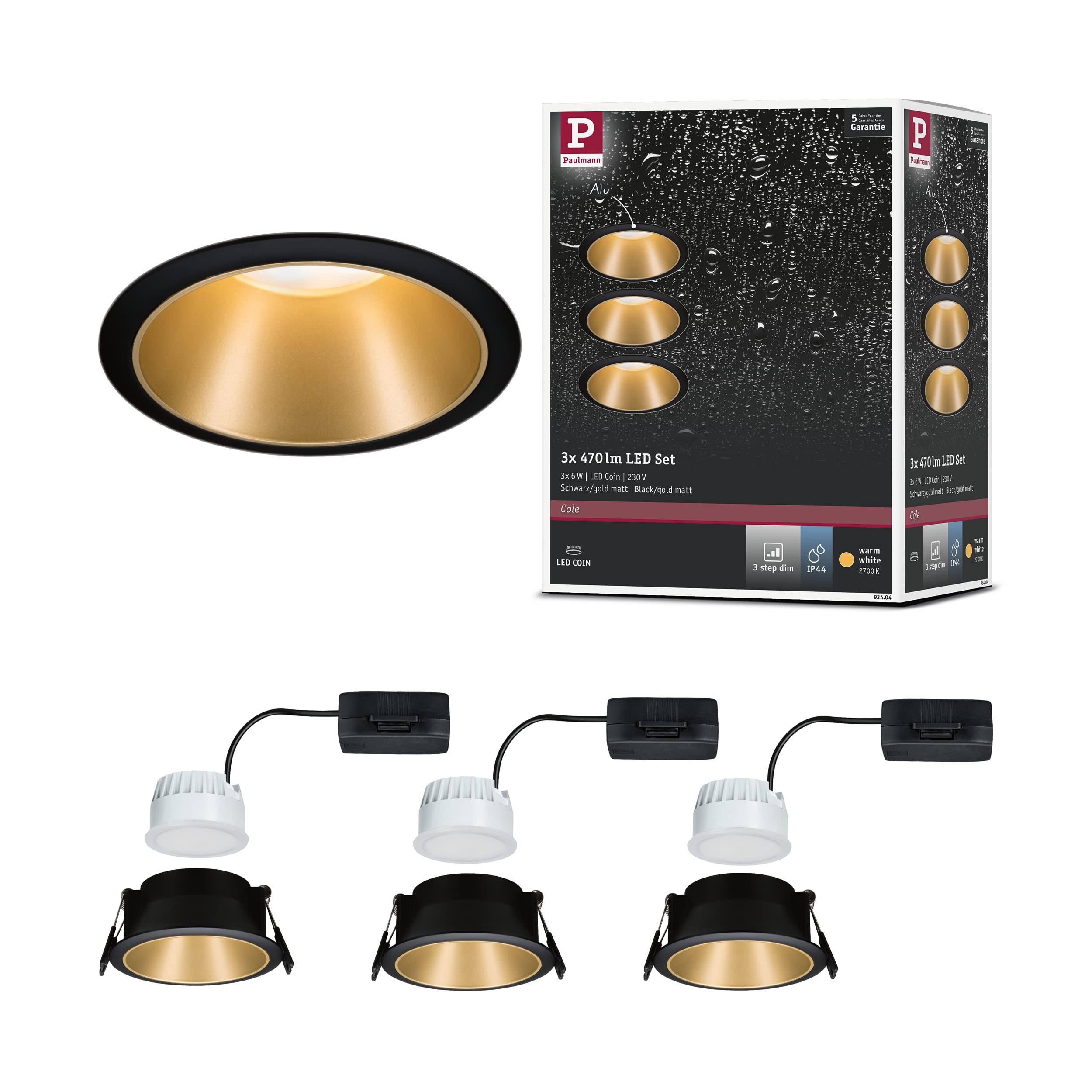 Paulmann Cole Coin Recessed Spotlight, 3 Levels, Dimmable, Diameter 88 mm, 3 x 6.5 W, 460 lm, IP44 Splash Protection, 2700 Kelvin, Matte Black/Gold, Recessed Light