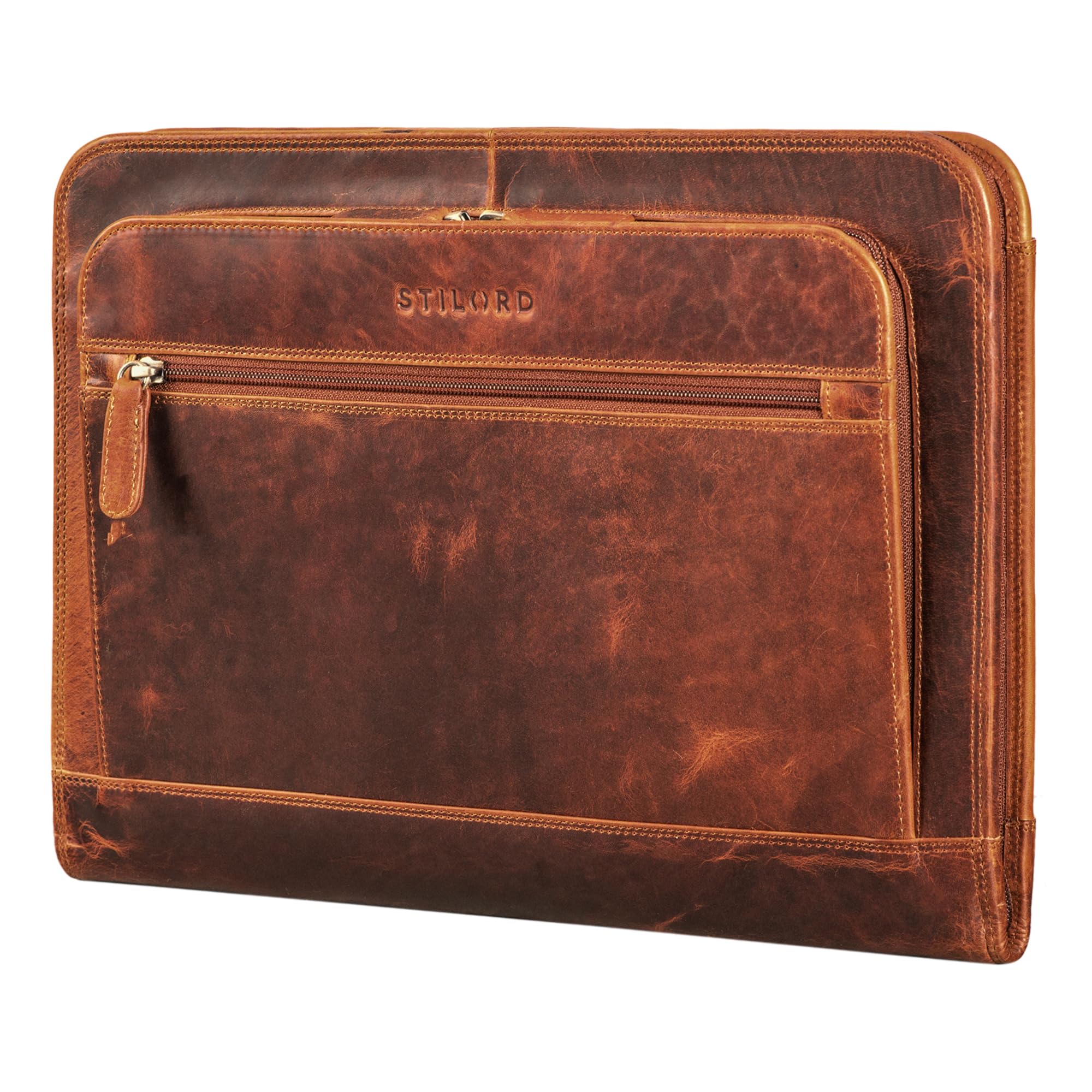 STILORD 'Elton' A4 Leather Conference Folder Vintage Portfolio for 13,3 inch MacBook Laptop Case Business Folder Notepad Cover Briefcase Genuine Leather, Colour:Kara - Cognac