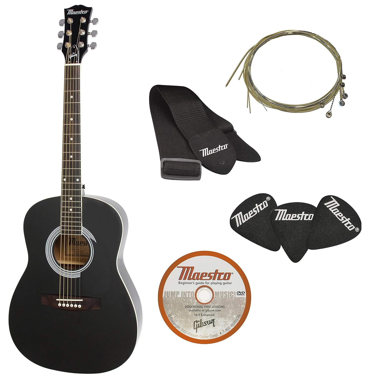 Amazon.com: Maestro by Gibson Parlor Size Acoustic Guitar Starter Pack,  Black: Musical Instruments
