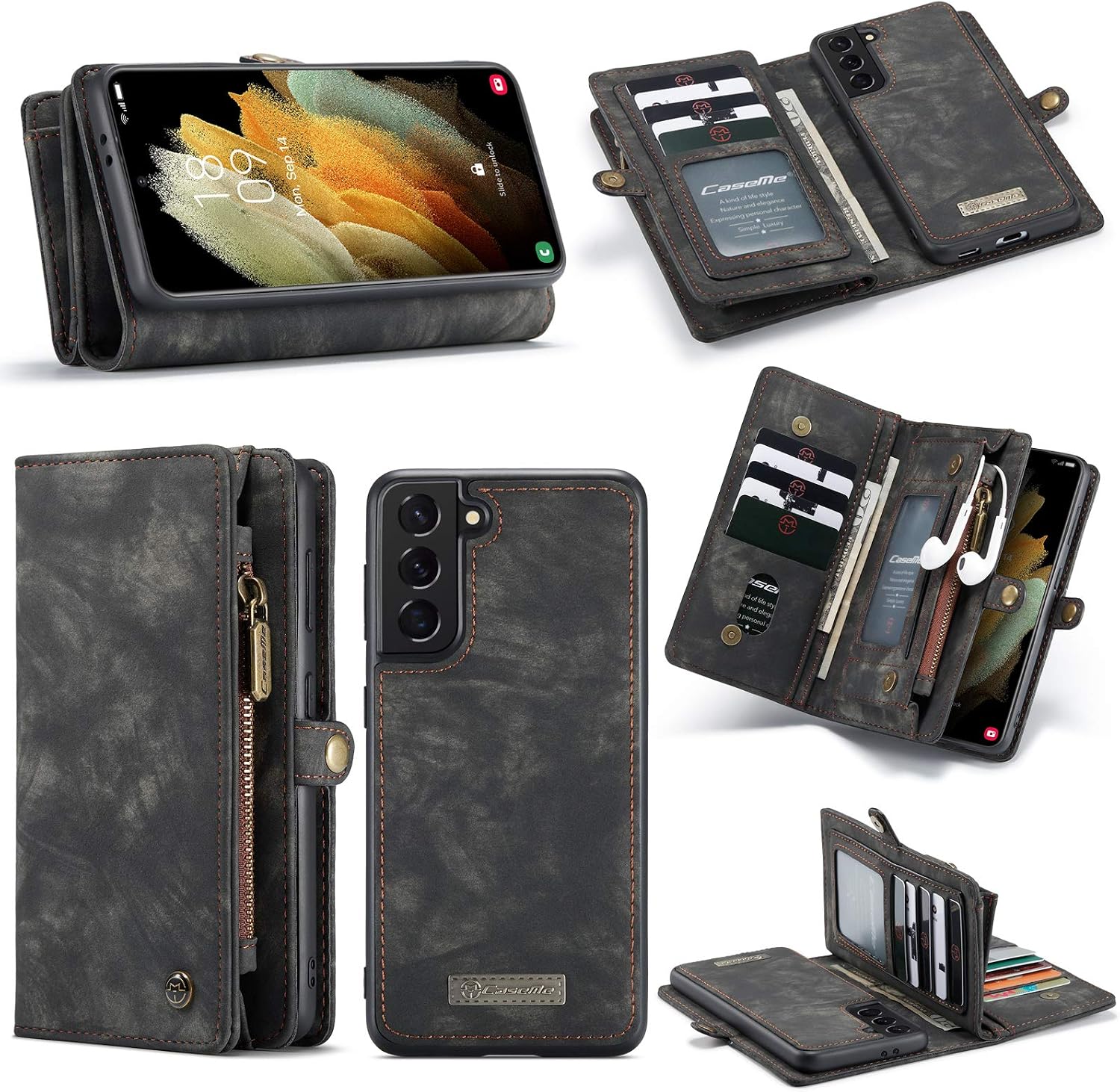 UFinetech Detachable Samsung Galaxy S21 Plus Case Wallet Magnetic Flip Design TPU Leather Card Holder Slot Zipper Stylish Luxury 2-in-1 Cover Purse Holster for Samsung Galaxy S21+ 5G 2021 Black