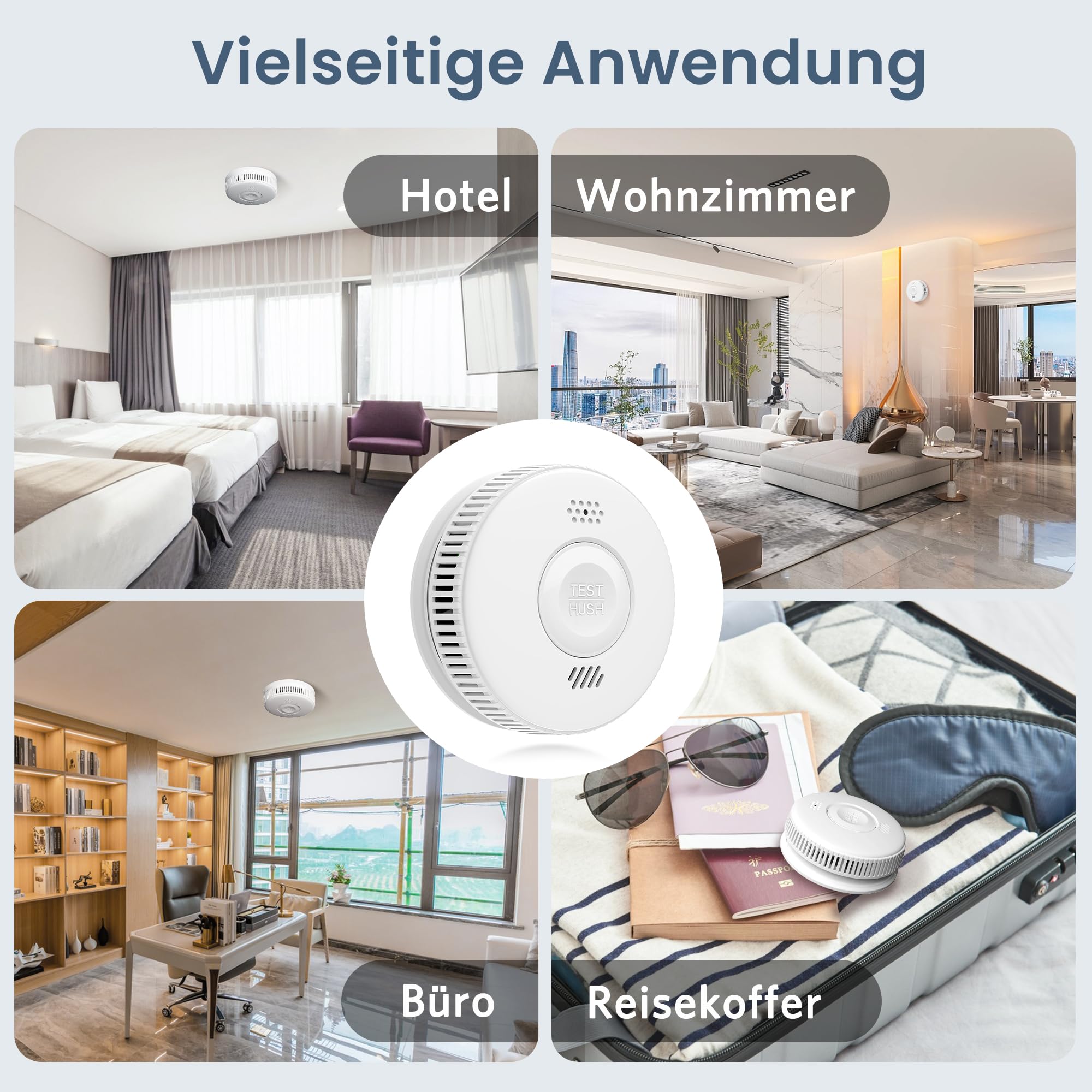 Rauchmelder 10 Jahre Batterie, TÜV Rheinland Zertifizierter Photoelektrischer Rauchwarnmelder mit Klebepad, Feuermelder mit Stummschaltfunktion, EN14604 7