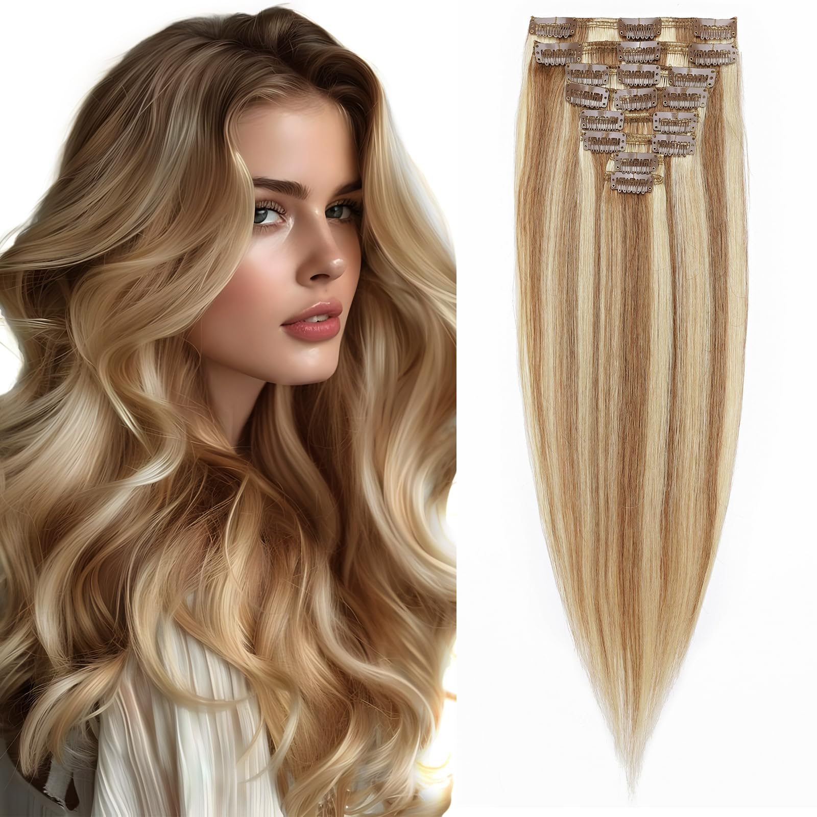 Elailite Clip in Human Hair Extensions Real Hair 8 Pcs Remy Natural Hair Full Head Straight - #12/613 Golden Brown Mix Bleach Blonde - 12 Inch (65 g) — image 1