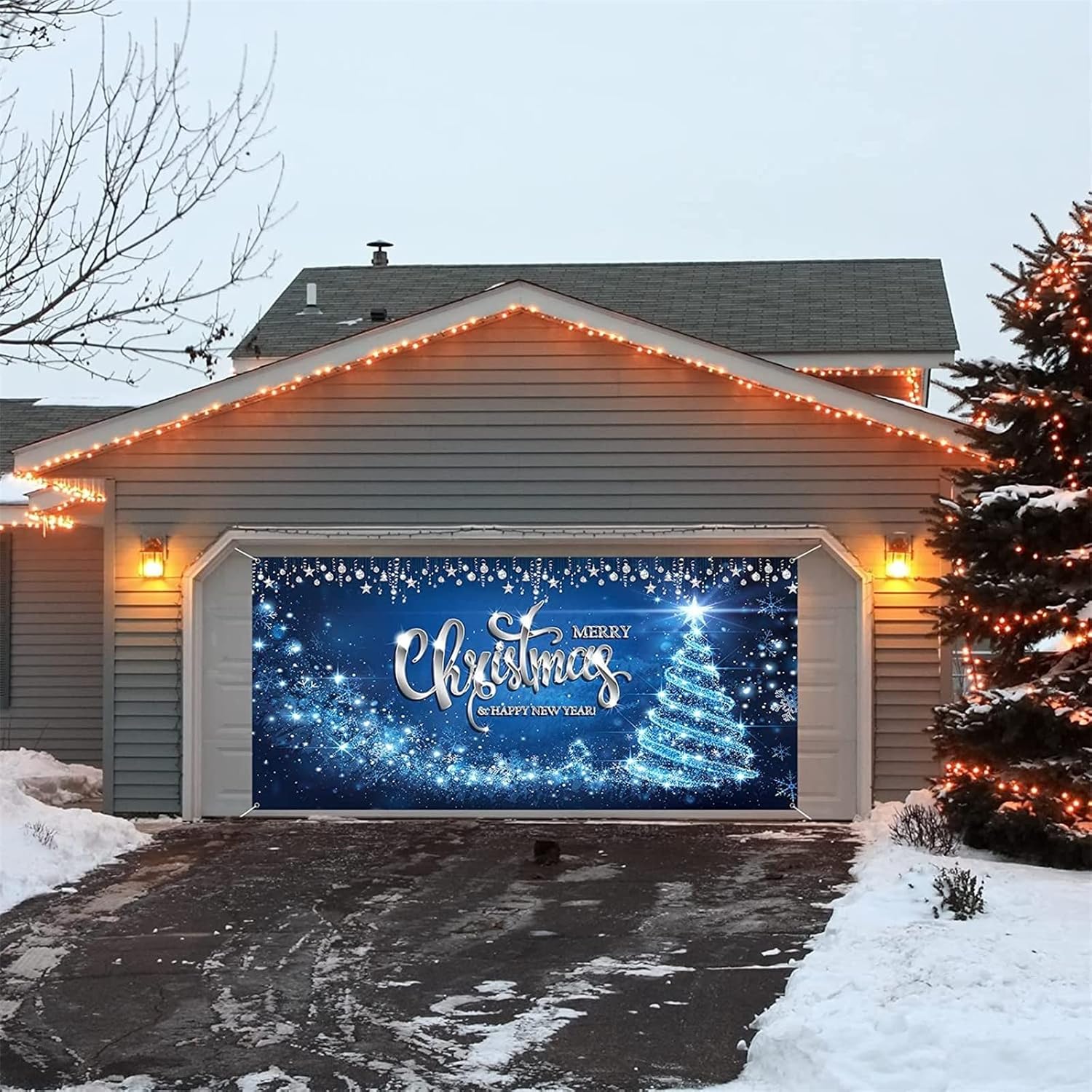 Garage Door Decorations - Merry Christmas Garage Door Decorations Christmas Garage Door Banner 7 X 16 ft Hanging Door Decor Murals For Outdoor Holiday Christmas Party Supplies (AE-D, 7 X 16 ft)