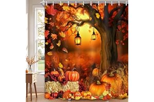JAWO Fall Harvest Thanksgiving Pumpkin Shower Curtain, Autumn Leaves with Pumpkins Farmhouse Bathroom Curtains 69X70 Inches