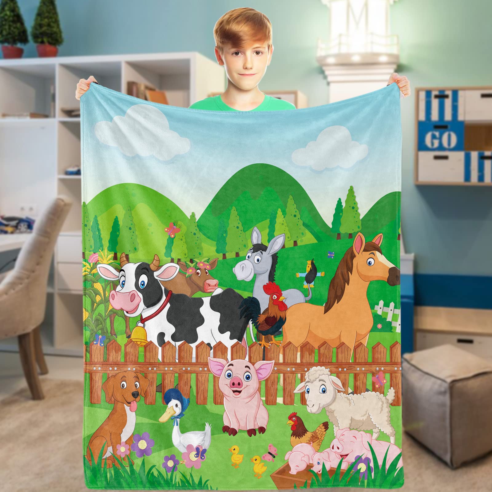 Farm Animal Throw Blanket, Cartoon Cute Animal Blanket for Kids, Soft Cozy Flannel Farm Dog Pig Lamb Hen Horse Cow Blankets, Fluffy Animal Fleece Blanket for Toddler Girl Boy Gift Crib, 101x127cm