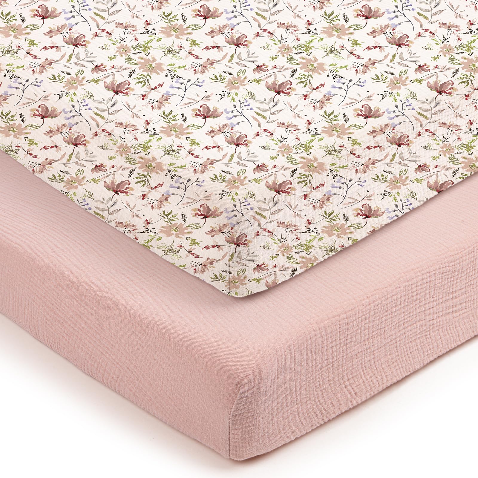 lulumoon Mini Crib Sheets 2-Pack: Soft Muslin Cotton Pack and Play Sheets for Playard Mattress - Boho Floral Print for Girls Image