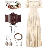 Spooktacular Creations 5Pcs Halloween Renaissance Medieval Dress Costume Women, Fairy Peasant Irish Cottagecore Dress