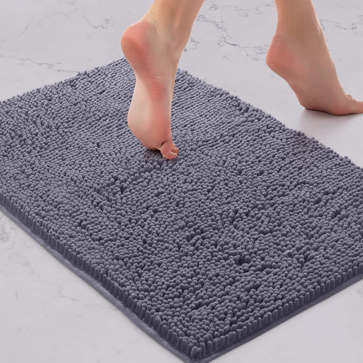 LuxUrux Bath Mat-Extra-Soft Plush Bath Shower Bathroom Rug, 1'' Chenille Microfiber Material, Super Absorbent Shaggy Bath Rug (Dark Grey, 42 x 60 cm)