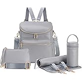 Minsong Diaper Bag Backpack,Fashion Leather Mommy Backpacks,Travel Toddler Baby Diaper Bags with in Bag Organizer and Changing Pad (Dark Grey)
