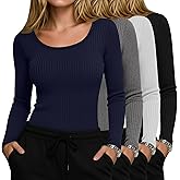 Yearntown 4 Pack Women’s Underscrub Shirts, Ribbed Cotton Scrub Tops Long Sleeve Scoop Neck Tees Slim Fit Basic Layer Shirts
