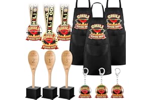 Quelay 12 Pcs Chili Cook Off Prizes Include 3 Cook Off Trophy 3 Wooden 1st 2nd 3rd Engraved Spoon 3 Kitchen Cooking Aprons 3 Chili Keyring for Men Woman Winner Medals Award Ceremony Decorations
