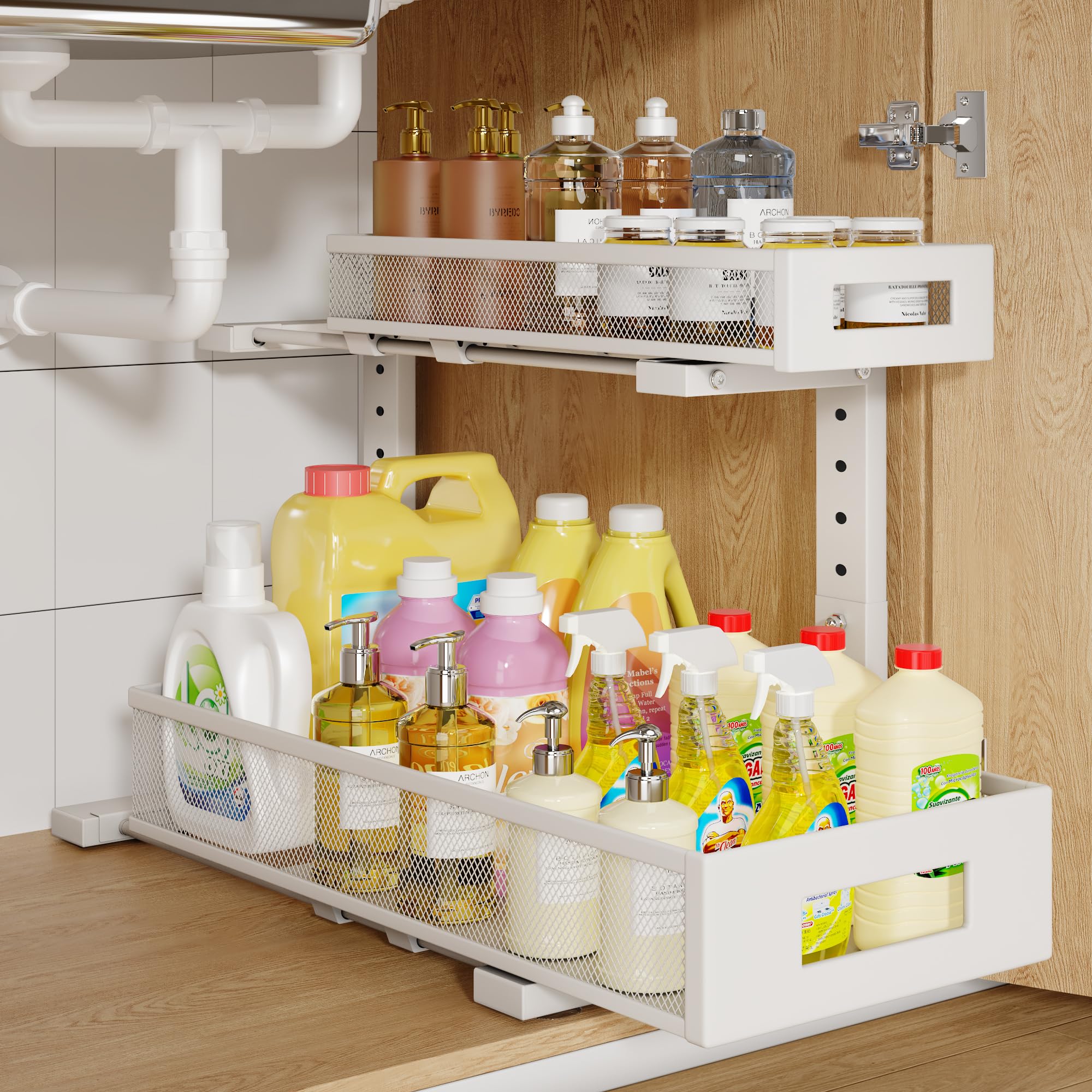 Photo 1 of 1 Pack 19IN Depth Under Sink Storage Organizer, Large 2-Tier Elegant Mesh Pull Out Shelf for Kitchen and Bathroom Cabinet Organization, L-Shaped and Adjustable Height Design-White