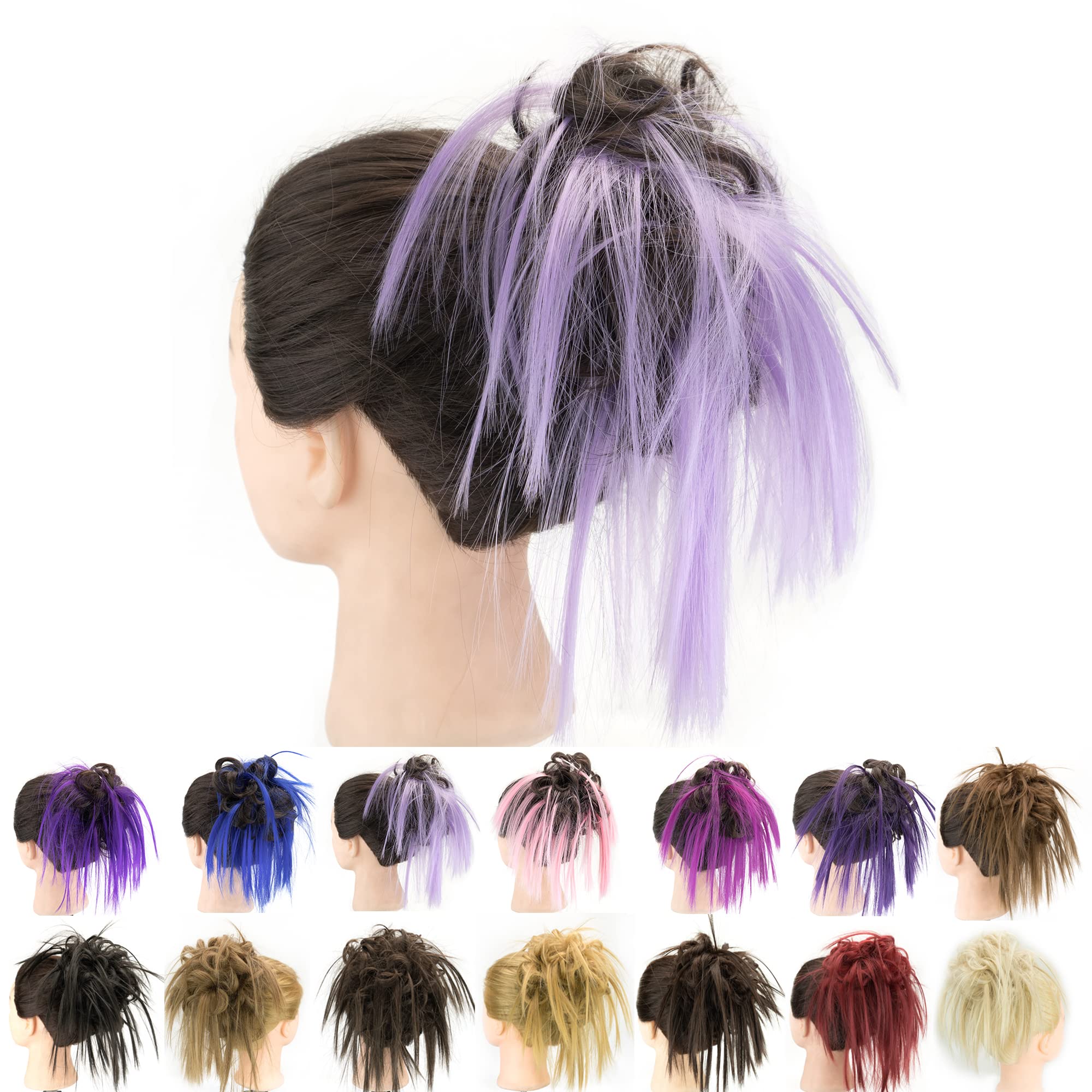 IMISSU 2PCS Messy Hair Bun Piece Updo Fake Scrunchies Extension Wavy Curly Hairpieces Ponytail Chignon Headband for Women Girls (2PCS Brown Light Purple)