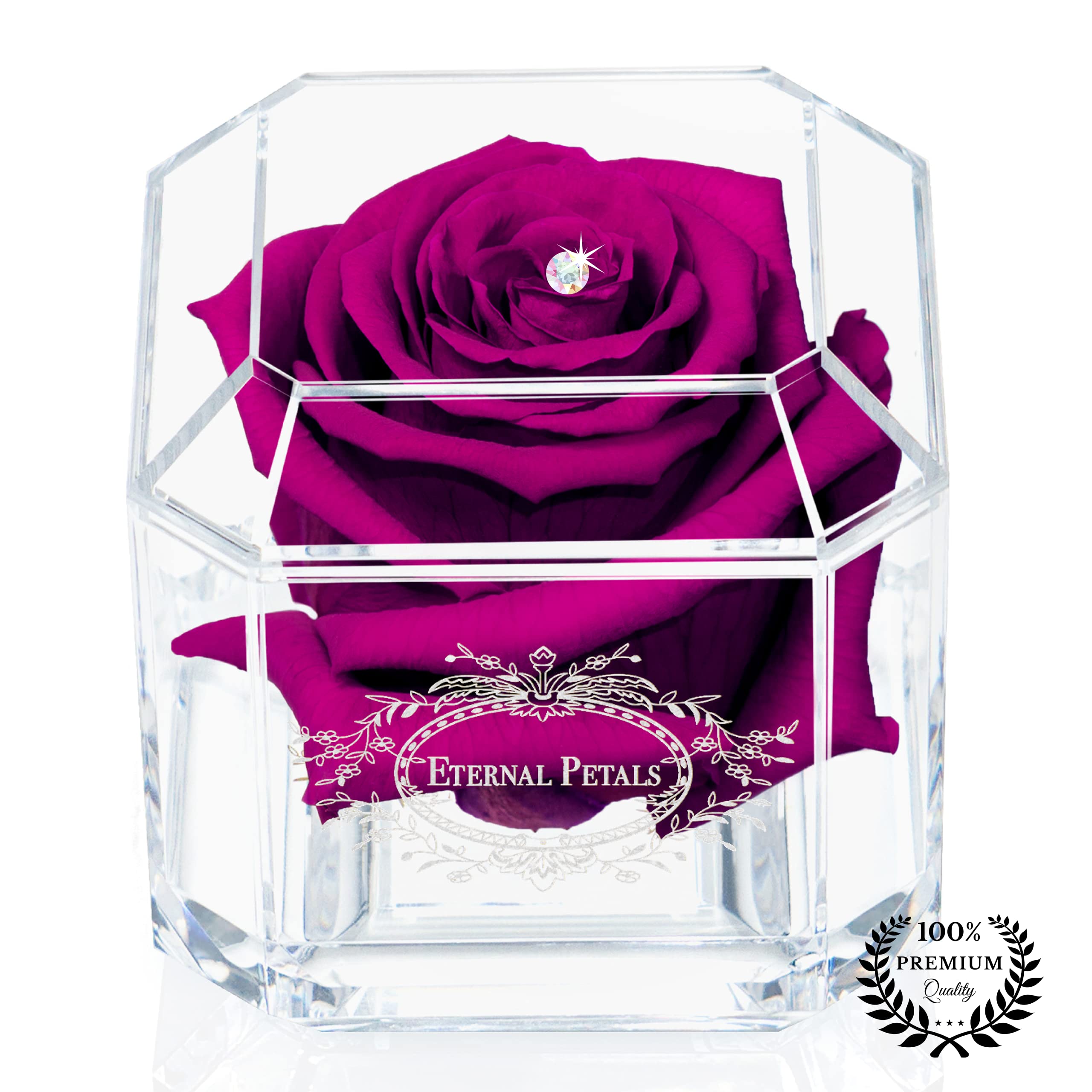 Eternal Petals A 100% Real Rose That Lasts Years, Handmade in UK – White Gold Solo with A Multicolor Crystal (Plum)