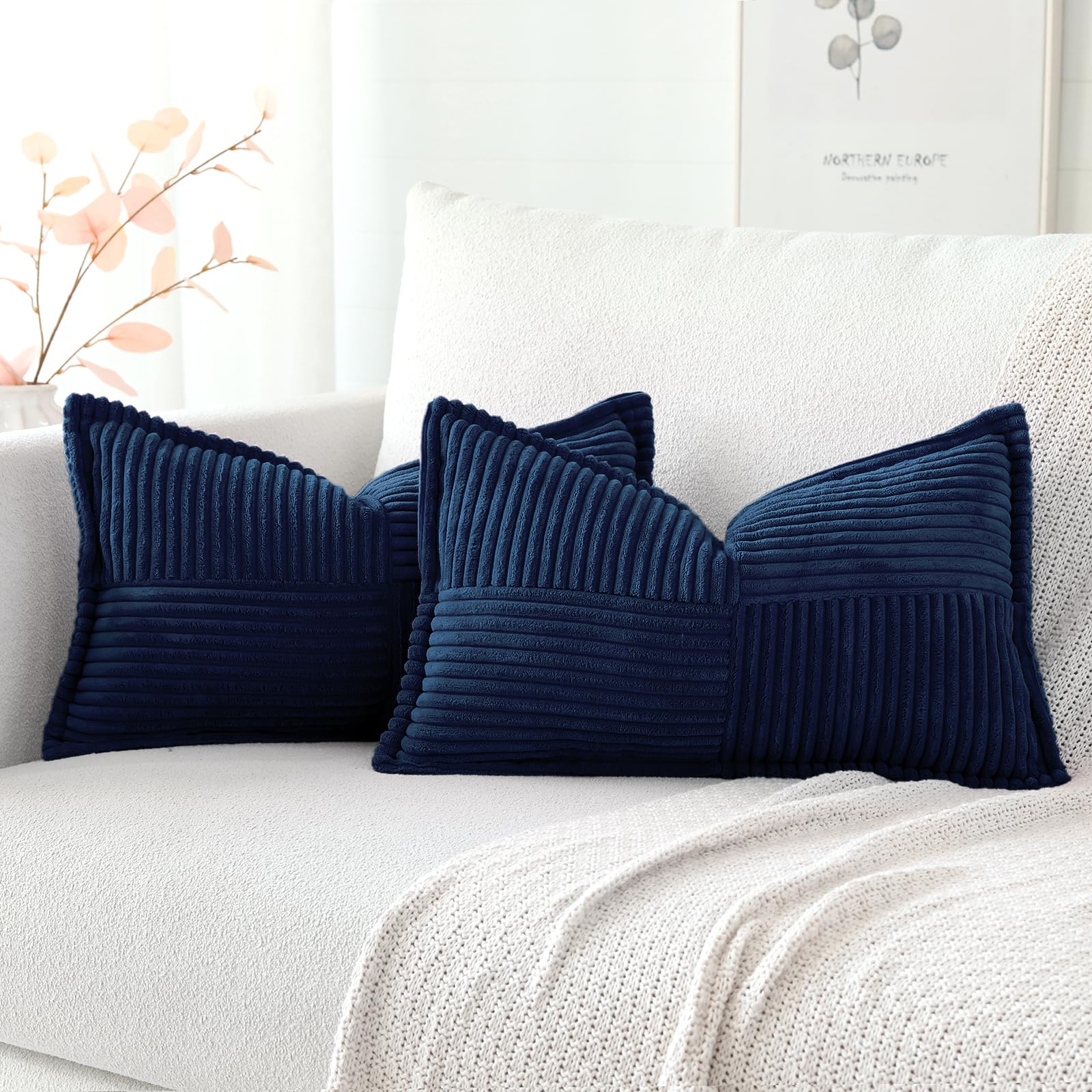 Artscope Corduroy Cushion Covers Pack of 2 Modern Patchwork Throw Pillow Covers Soft Pillowcase Broadside Decorative Textured Cushions for Home decor Sofa Bedroom Couch Navy Blue 40x60cm