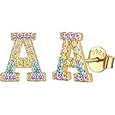 14K Gold Plated Initial Earrings Studs with 5A Cubic Zirconia, Sterling Silver Post Push Backs CZ Simulated Diamond Hypoallergenic Alphabet Letter Studs for Women Jewelry Gifts Initial A-Z
