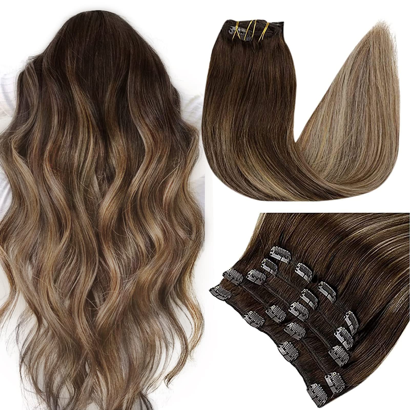 Clip in Human Hair Extensions Brown Ombre Blonde Clip Hair Extensions Human Hair Brown Balayage Clip Real Hair 16 Inch 120g 7pcs — image 1