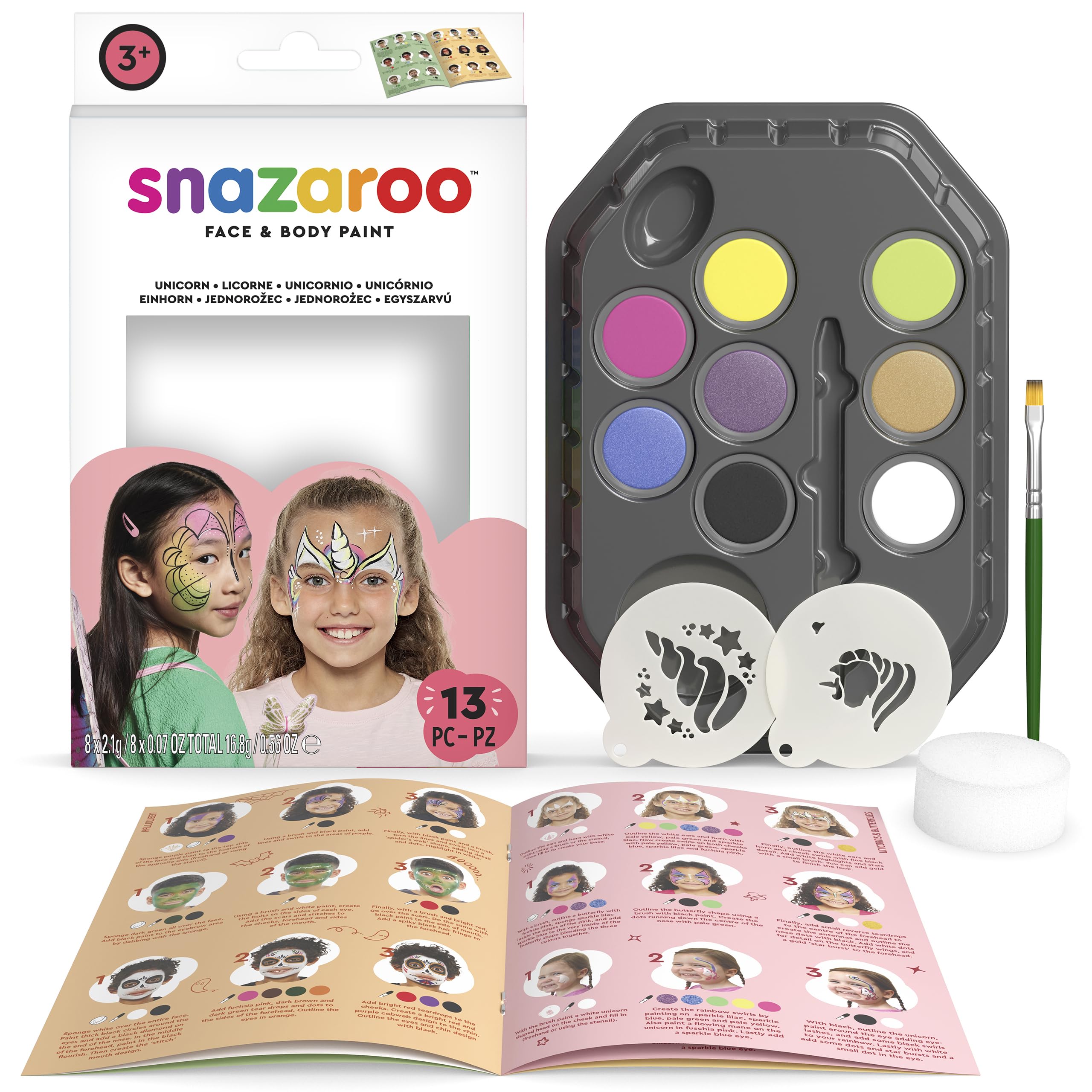 Snazaroo Unicorns & Butterflies Face Painting Palette Kit for Kids & Adults, 8 Colours, 13pcs, Stencils, Brush, Sponge, Guide, Water Based, Easily Washable, Non-Toxic, Makeup, Body Painting & Parties
