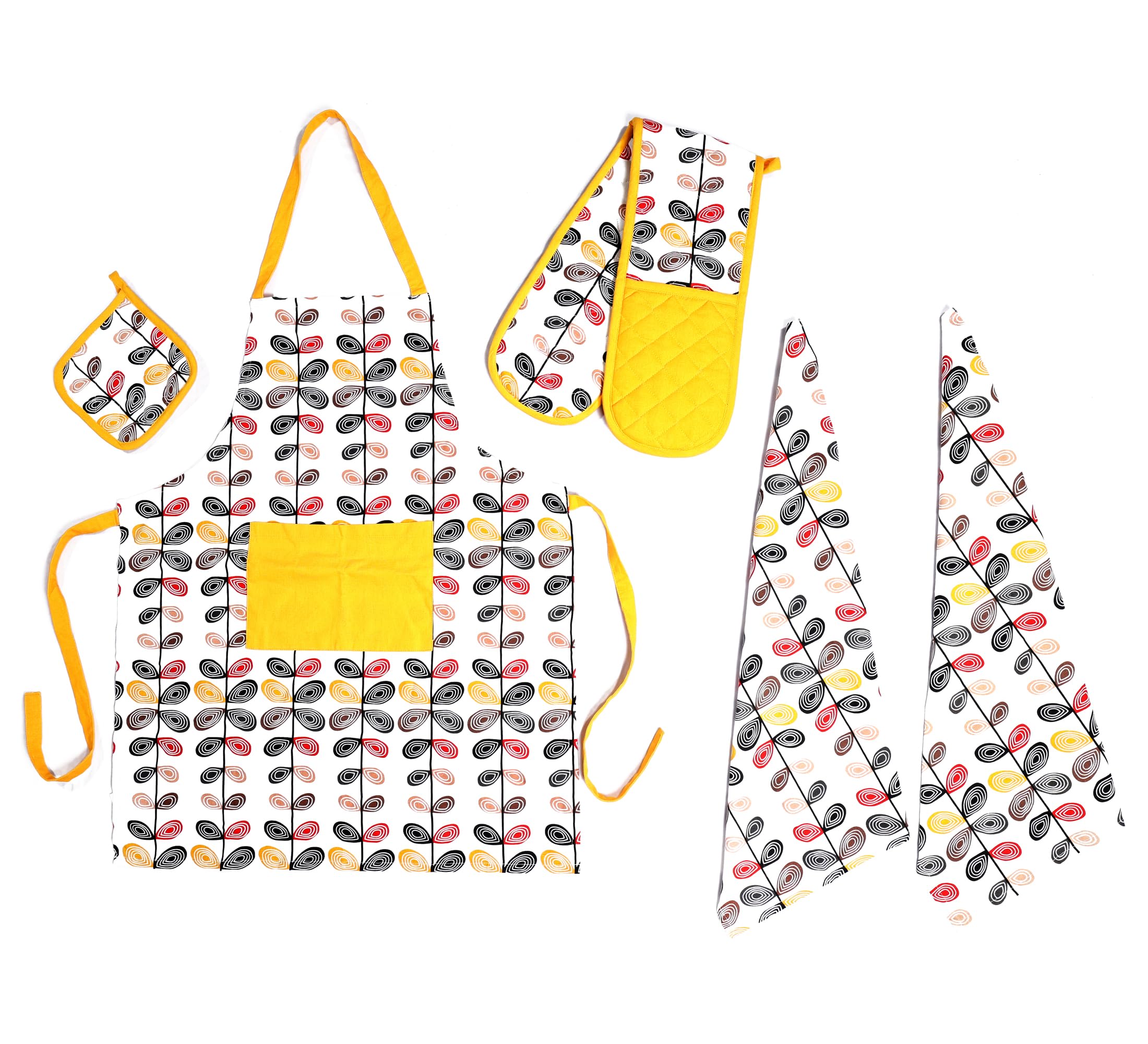 Olivia Rocco Kitchen Sets Apron Double Oven Gloves Towel Set Heat Resistant Oven Mitts Pot Holder for Home Kitchen Baking and Cooking Pack of 5, Leaf Multi