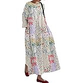 MARSVOVO Patchwork Dress for Women Dressy Casual Long Sleeve Flowy Maxi Dresses Smocked Waist Tunic Dresses with Pockets