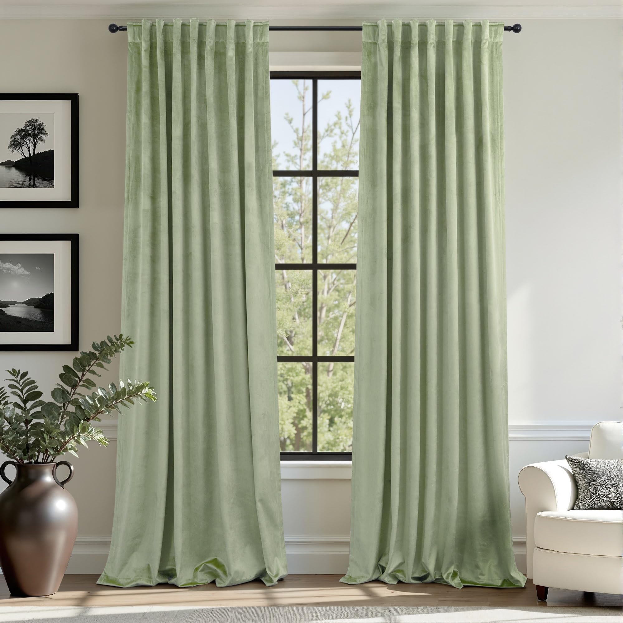 Photo 1 of 102 Inch Curtains Sage Green Velvet Long Curtain for Living Room Darkening Thermal Classic Solid Heavy Duty Neutral Window Drape for Bedroom Aesthetic Hallway Cottage Core Retro Holiday Decor 2 Panels