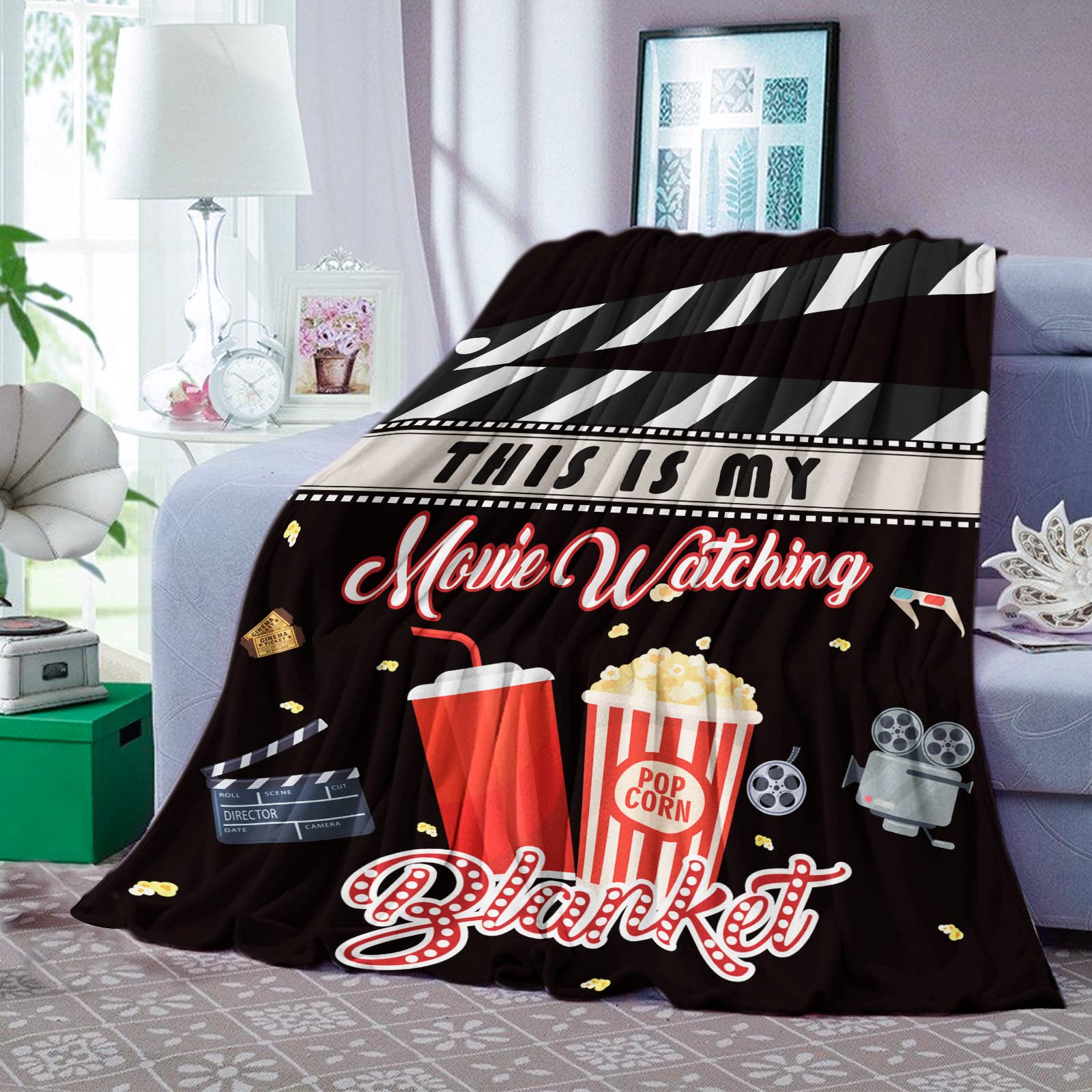 Domgoge Gifts for Movie Lover, Warm Throw Blanket, Soft Flannel Film Lover This Is My Watching Vintage Cinema Theater Night Theme Fleece Blankets Ideas, 130x152 cm, Movie-black