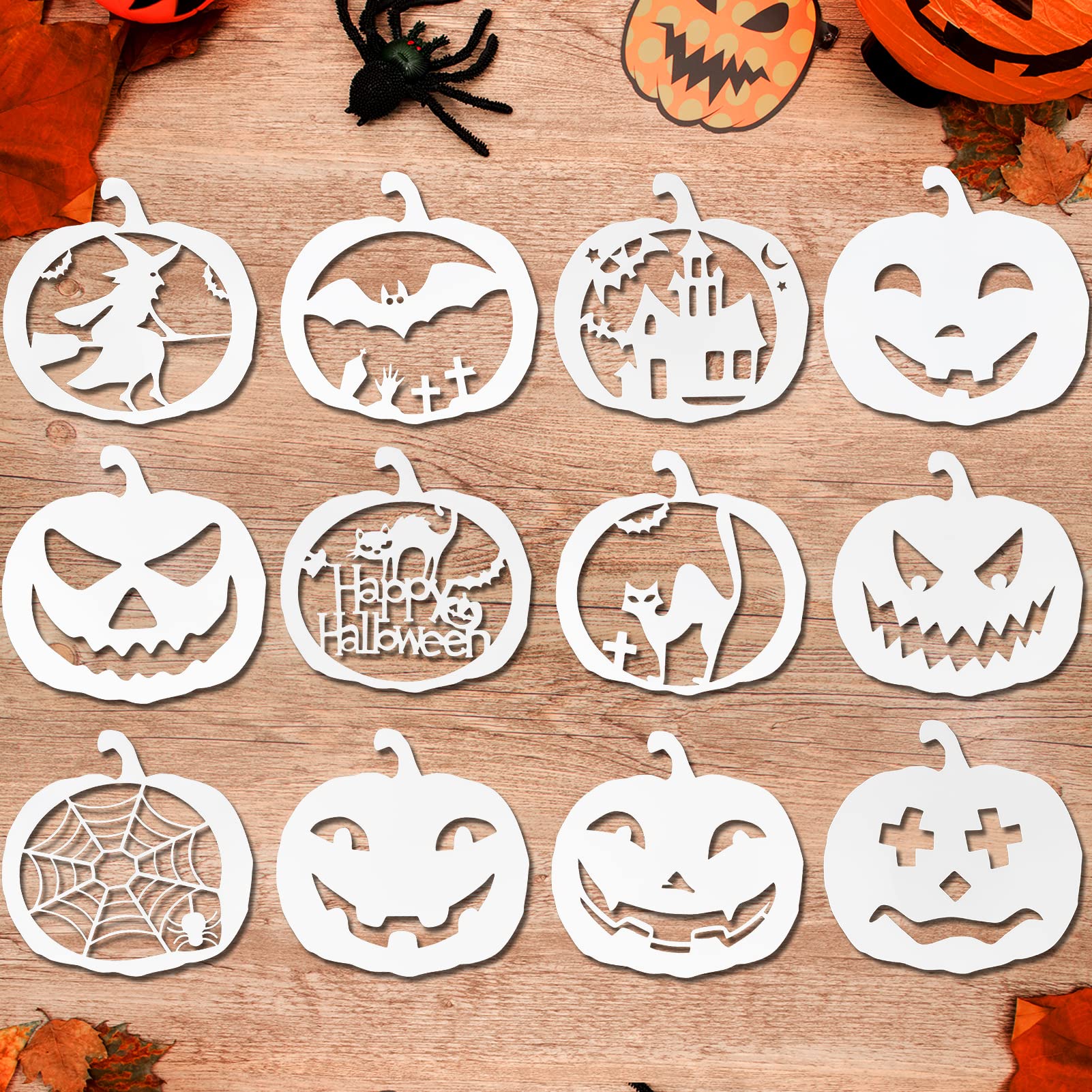 HOWAF Halloween Stencils Templates, 12Pcs Plastic Halloween Stencils, Craft Reusable Halloween Stencils Sets for Pumpkin Carving Drawing Painting Spraying Wood Glass Window Halloween Decoration