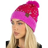 Funky Junque Women's Sequin Pom Beanies – Soft Knit Sparkly Bling Winter Hats for Women, Faux Fur Pom Glitter Sparkle Hat