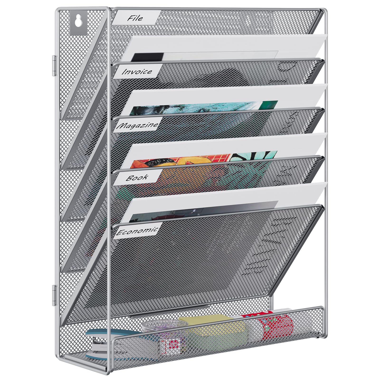 EasyPAG 6 Tier Assemble A4 Mesh in Tray Hanging Wall File Holder Mail Organiser Magazine Storage Rack,Silver