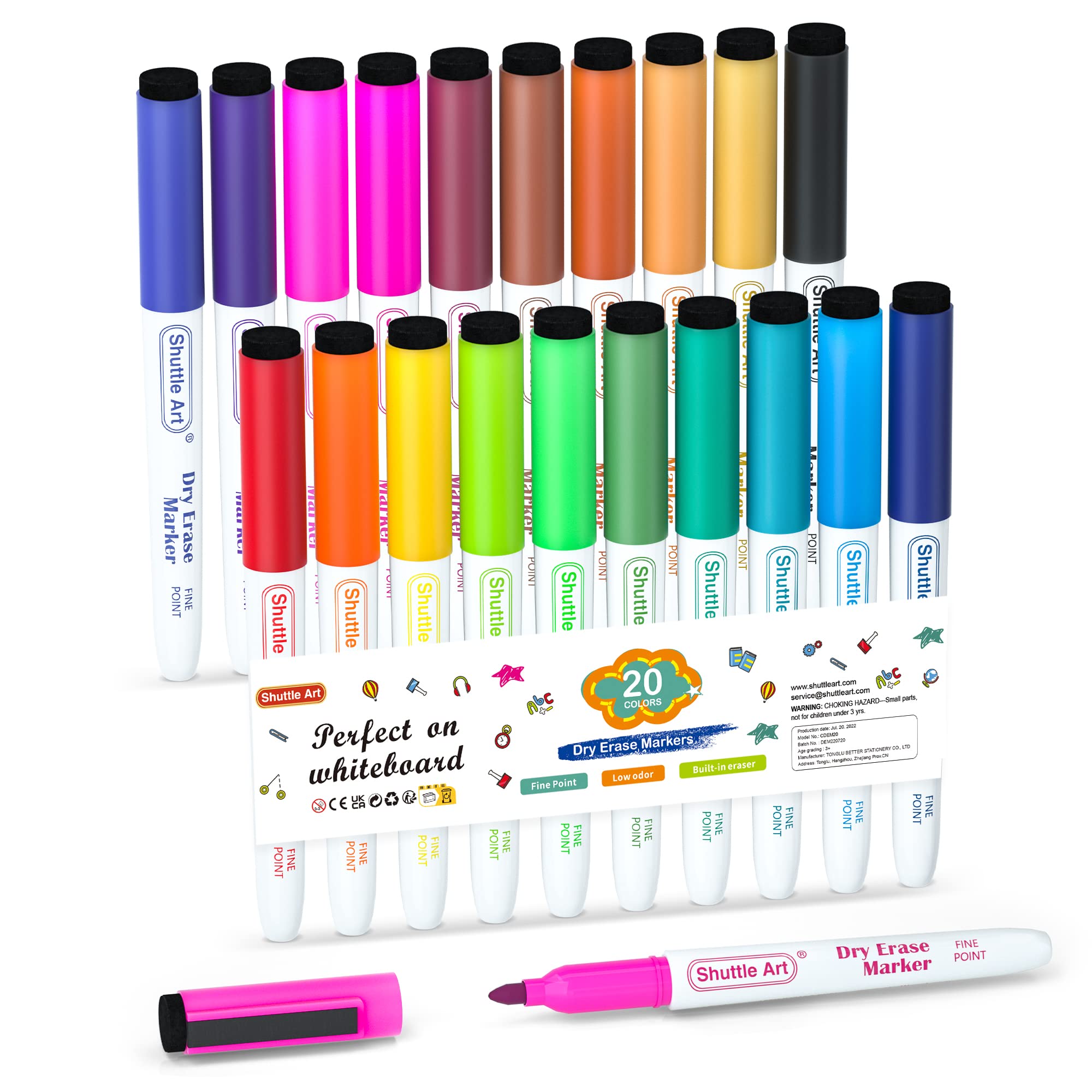 Shuttle Art Whiteboard Pens, 20 Colours Magnetic Whiteboard Markers Fine Tip and Eraser, Dry Wipe White Board Pens for Kids Writing on Whiteboards, Weekly Planner, Glass for School Office Home