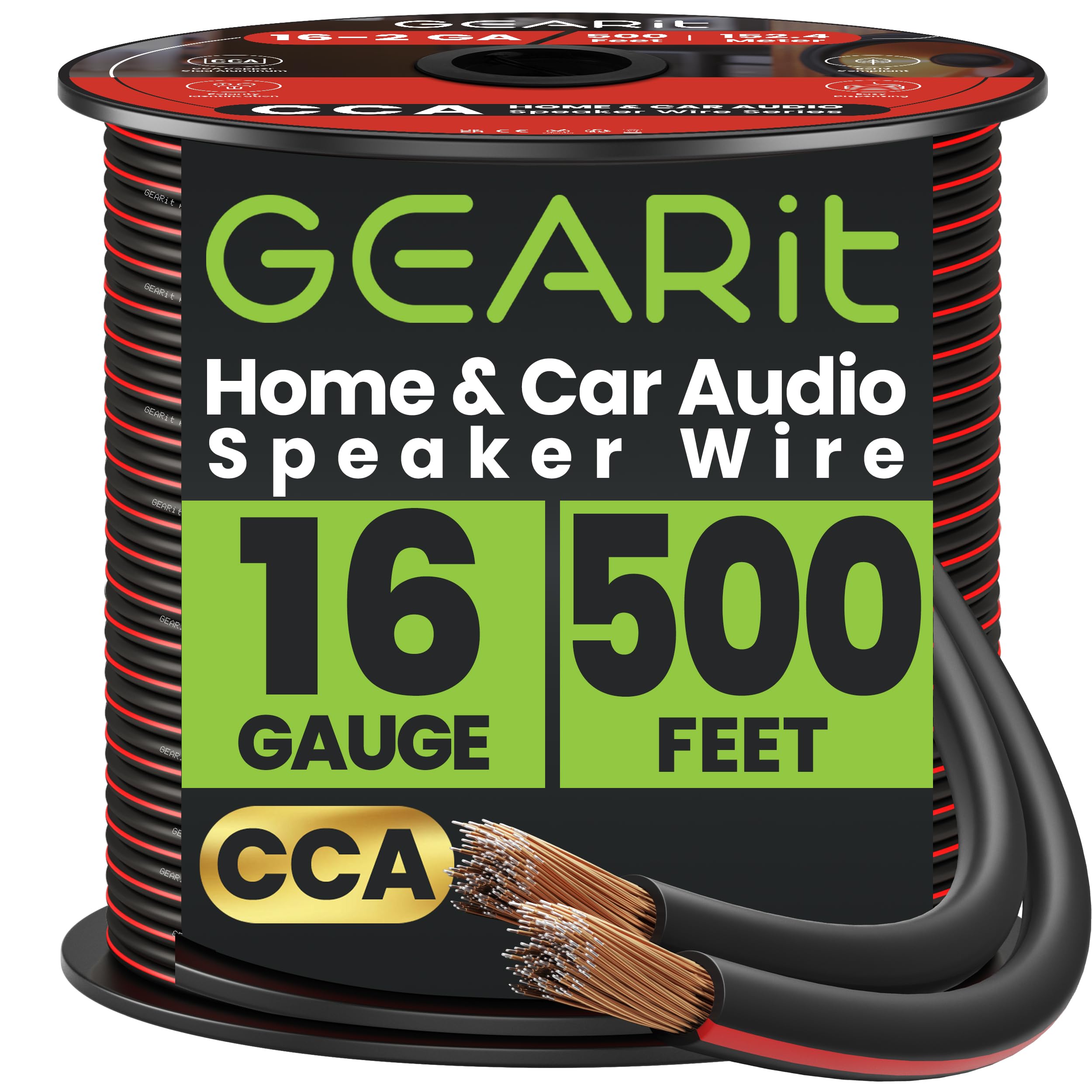 GearIT Speaker Wire Audio Cable CCA 2x1.5mm≤ (152.4 Meters - Black) Copper Clad Aluminum - Great for Hi-Fi Home Theater and Car Speakers - 16 Gauge AWG, 500 Feet