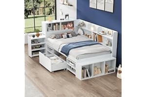 Merax Twin Size Corner Daybed Frame with Built-in Bookcase & Storage Cupboard, Wood Bed Frame with Under-Bed Storage Drawers,