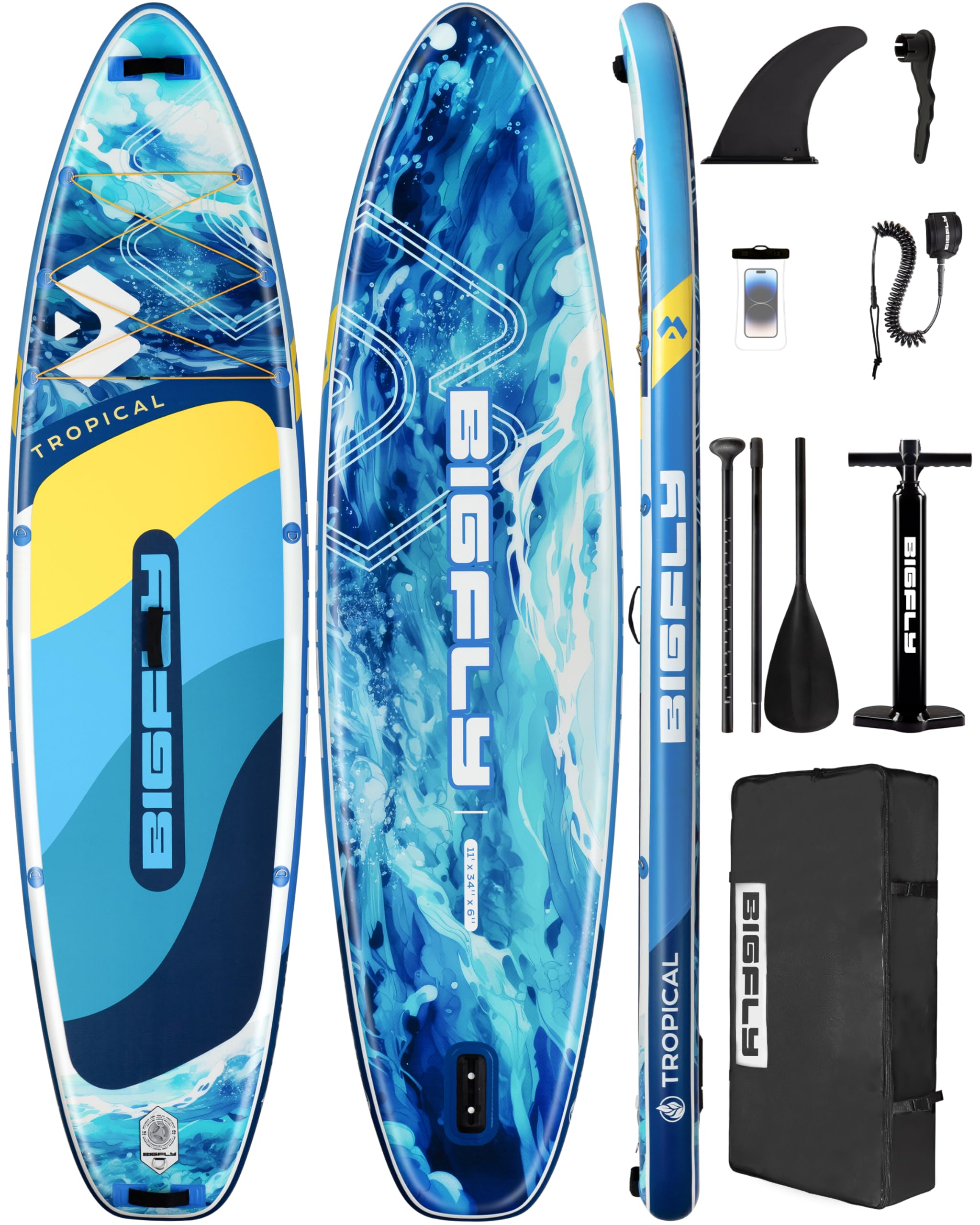 Photo 1 of (MISSING FIN) (SIGNS OF USE) Bigfly Inflatable Stand Up Paddle Board 11’*34”*6”, Blow Up Paddle Board for Adults,with Detachable Fins, Pump, Floating Paddle, Safety Leash,Backpack