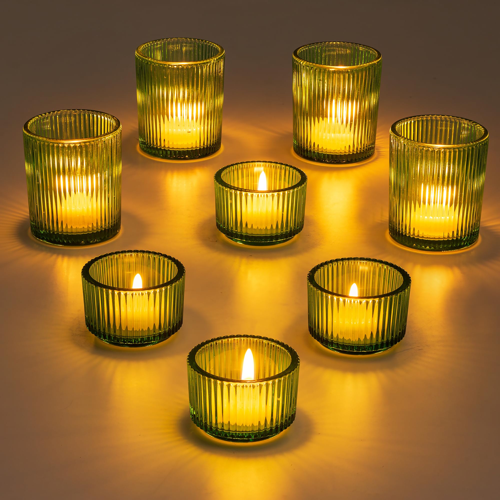 Glasseam Green Glass Candle Holder Set of 8, Ribbed Tea Light Holders Bulk, Small Christmas Candle Holders for Living Room, Vintage Tealight Holder Votive Candle Holder for Wedding Centrepiece Party
