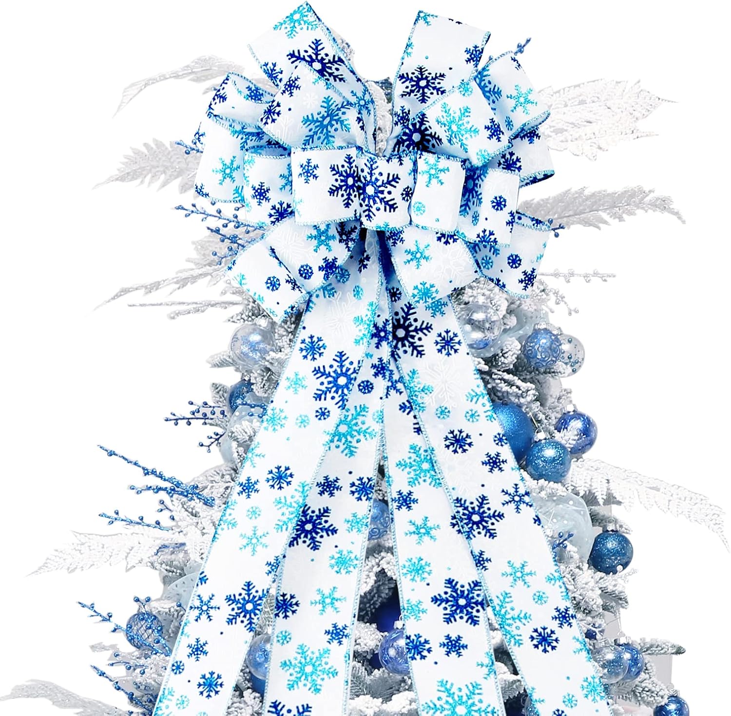 Tree Toppers - Christmas Tree Topper,44X12 Inch Artificial Xmas Tree Topper Bow Flower Decor with Glitter Snowflakes Print, Suitable for Wedding, Birthday Party, Thanksgiving Christmas Decoration(White/Blue)
