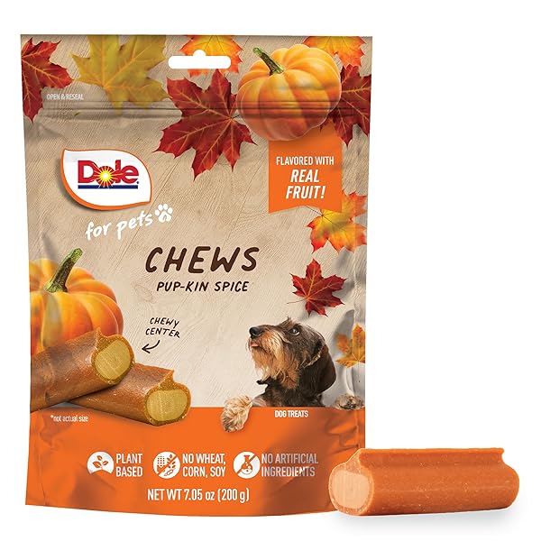 DOLE FOR PETS DOG CHEWS, PUP-KIN SPICE FLAVOR DOG TREATS – PUMPKIN FLAVORED WITH REAL FRUITS, NO WHEAT, CORN, SOY, ARTIFICIAL FLAVORS, COLORS, OR PRESERVATIVES, 7.5 OUNCE