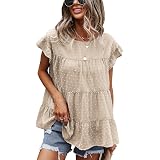 Angashion Women's Floral Print Babydoll Top - Cap Sleeve Ruffle Neck Loose Blouse Tunic (Brown, Medium)