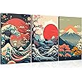 3Pcs Japanese Wall Art Asian Nature Landscape Posters Pictures Kanagawa Giant Wave Canvas Prints Mount Japanese Fuji Art Paintings Cherry Blossom Lake Wall Decor for Living Room Bedroom Office Framed