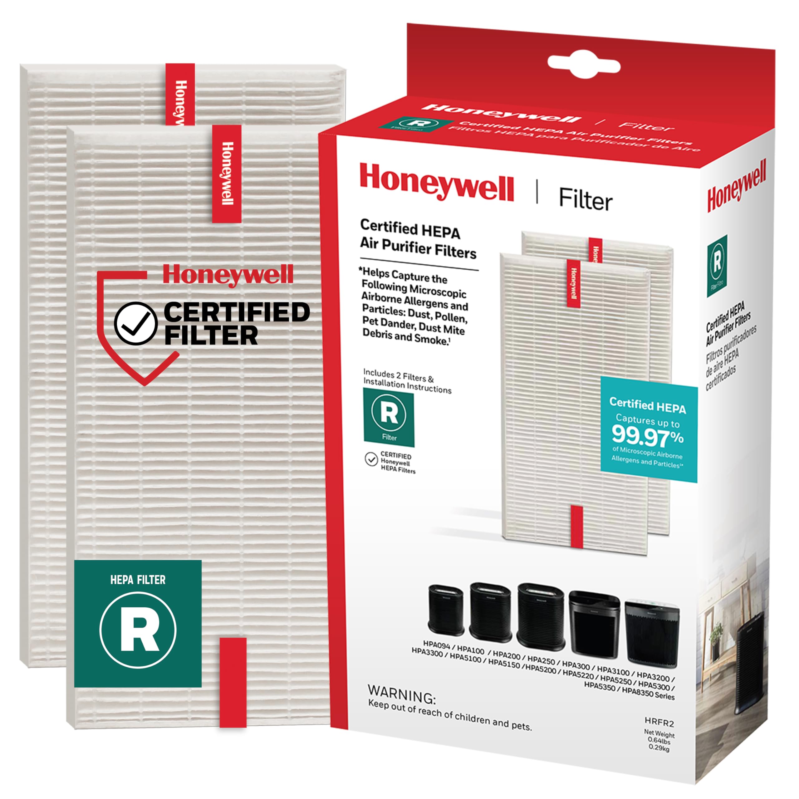 Honeywell HEPA Air Purifier Filter R, 2-Pack for HPA 100/200/300 and 5000 Series - Airborne Allergen Air Filter Targets Wildfire/Smoke, Pollen, Pet Dander, and Dust
