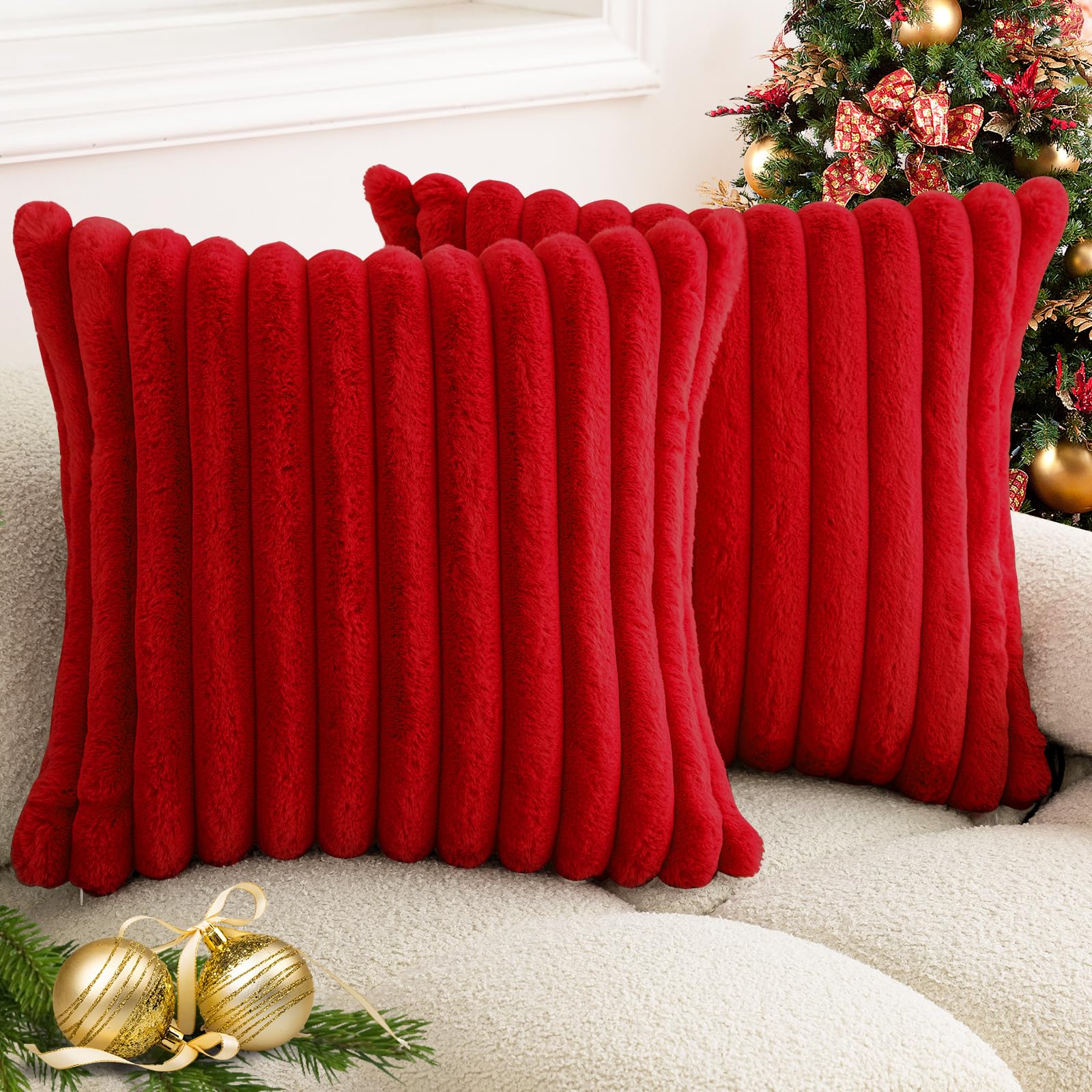 Photo 1 of BAOLIZEGAO Christmas Red Faux Fur Plush Throw Pillow Covers 18x18 Set of 2 Fuzzy Striped Soft Cozy Pillowcase Luxury Decorative Pillows Square Fluffy Cushion Covers for Couch Bed Living Room