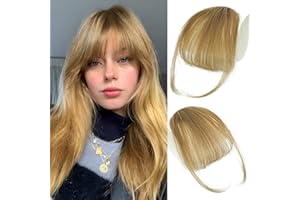 WECAN Clip in Bangs 100% Human Hair Extensions Ash Blonde bangs hair clip Fringe with Temples Wigs for Women Everyday Wear Curved Bangs (Wispy Bangs, Ash Blonde)