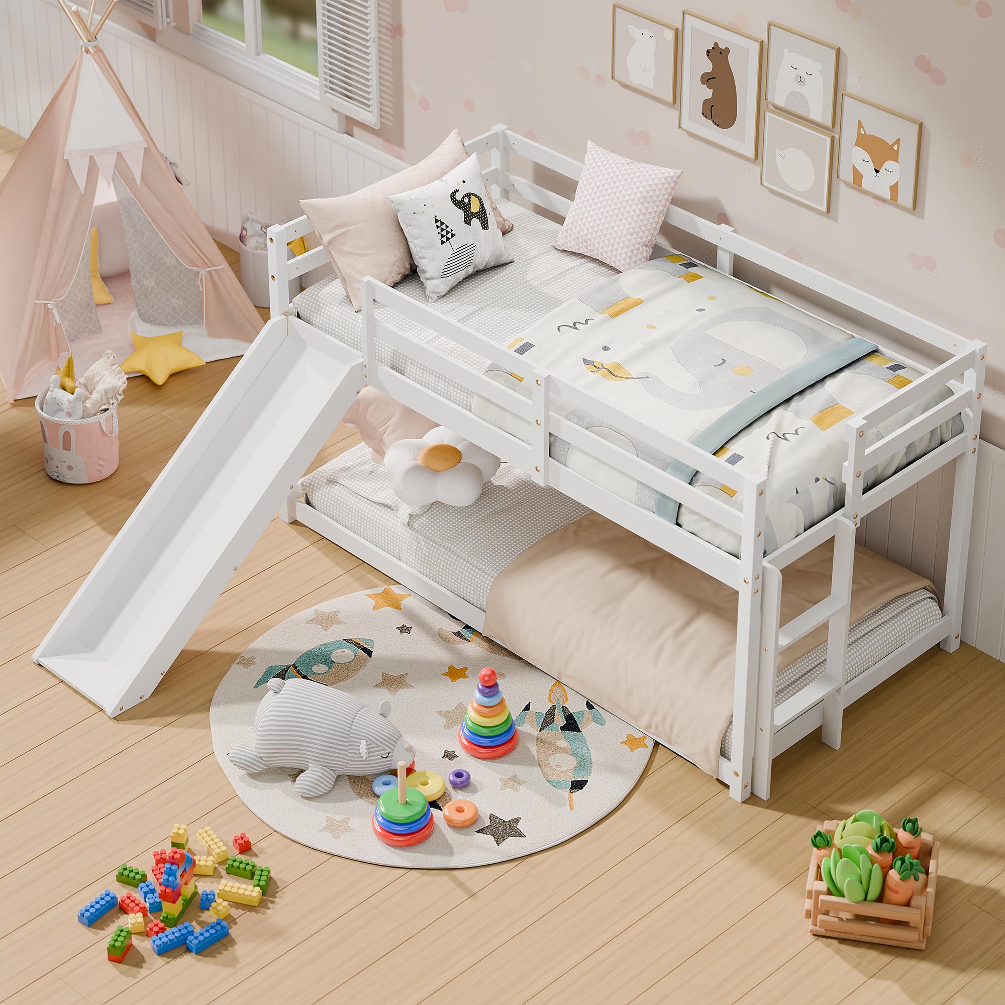 Photo 1 of *****STOCK PHOTO REFERENCE ONLY; BOX 1 OF 2 ONLY*************MU Twin Bunk Bed with Slide, Wood Low Bunk Bed Frame with Climbing Ladder & Safety Guard Rail, Floor Loft Bed with Lower Storage Space for Kids Toddler, White