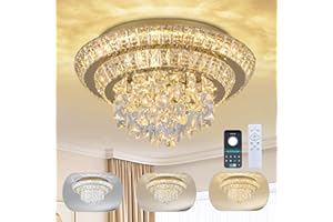 18 inch Crystal Chandeliers with Remote and APP Control, Modern Luxury Flush Mount Gold Ceiling Light Fixture, 3CCT Dimmable 