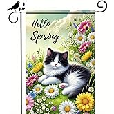 BlissYard Hello Spring Garden Flag 12x18 Inch Double Sided Daisy Design Cute Cat Decoration Yard Flag Outdoor Seasonal Decor Farmhouse Holiday Outside Decorations Flag