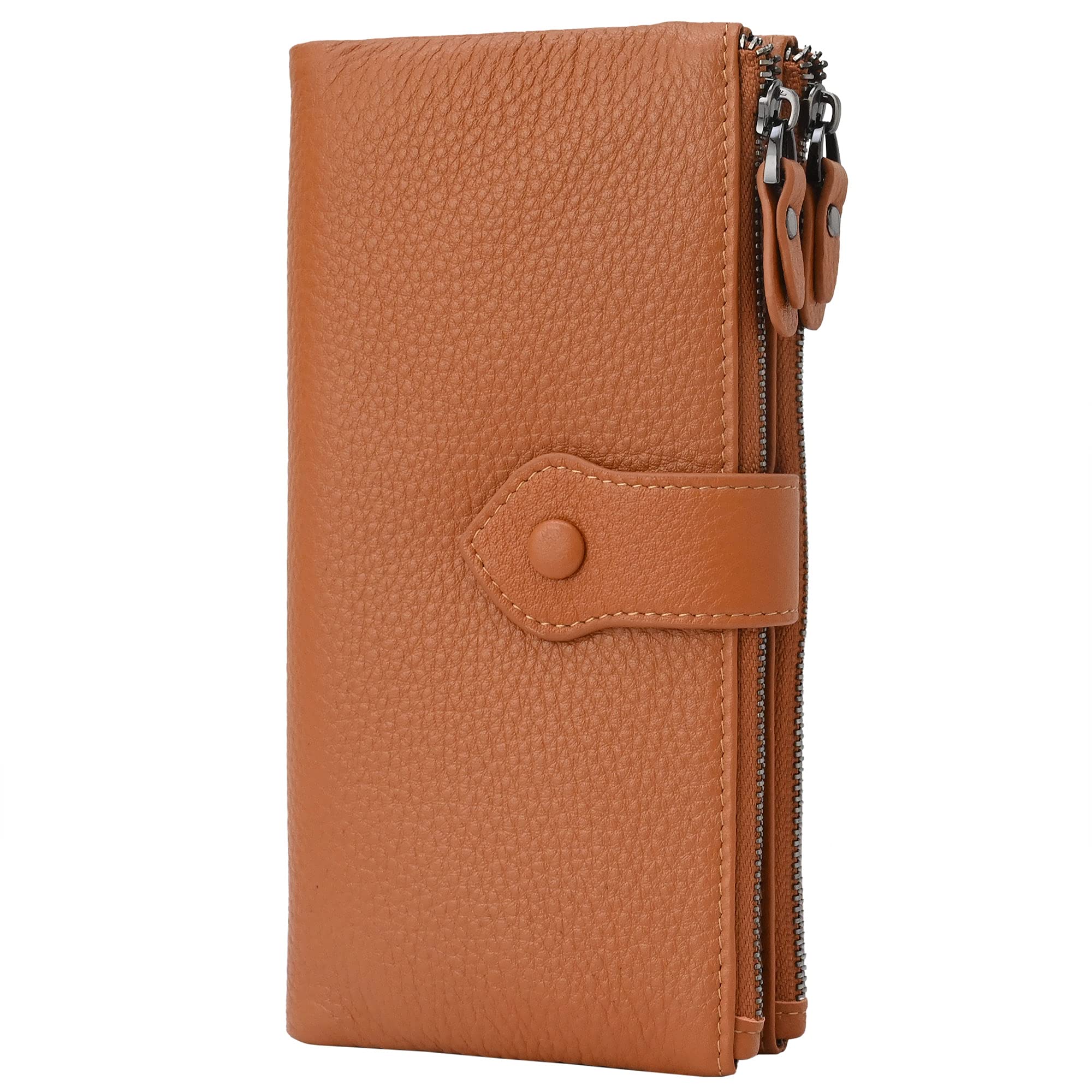 Bveyzi Women RFID Blocking 17 Credit Card Slots Bifold Slim Leather Clutch Wallets with Zipper Pocket(Brown)