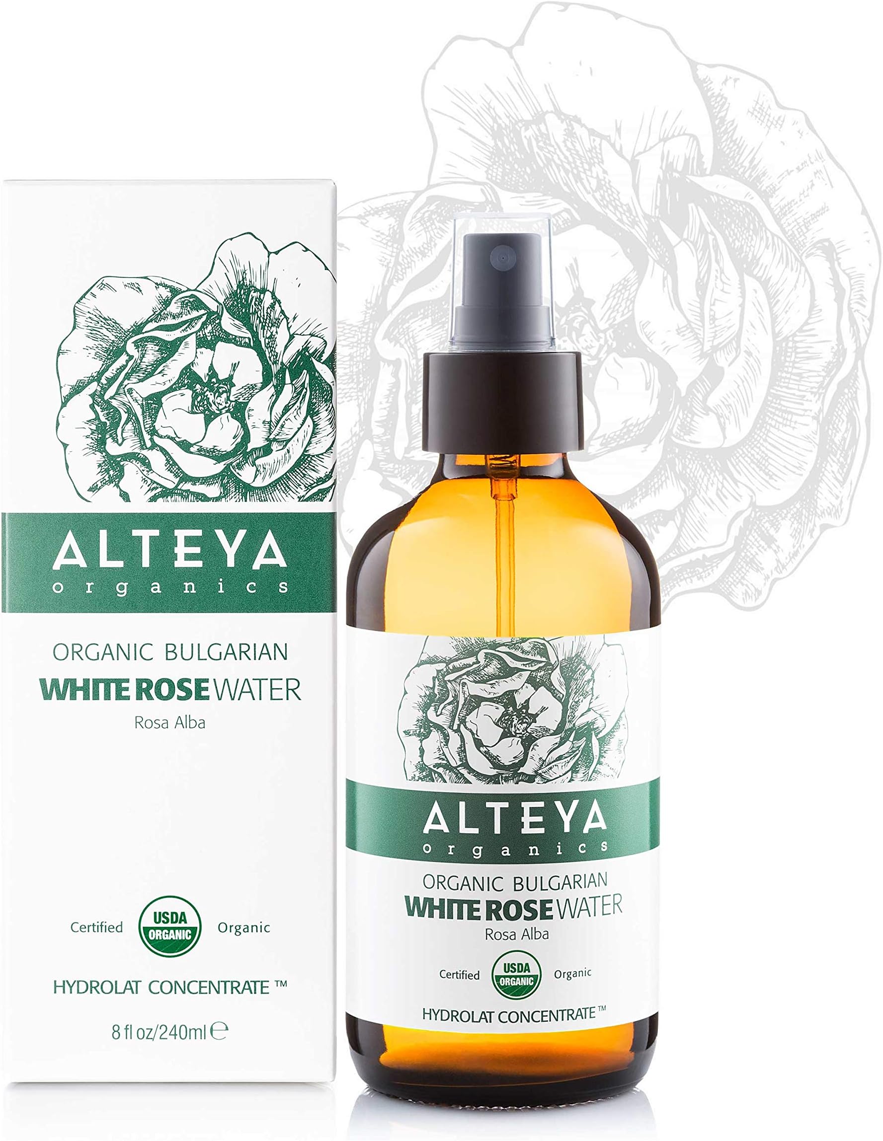 Alteya Organics White Rose Water USDA Certified Organic Facial Toner, 8 Fl Oz/240mL Pure Bulgarian Rosa Alba Flower Water, Award-Winning Moisturizer Amber Glass Spray Bottle