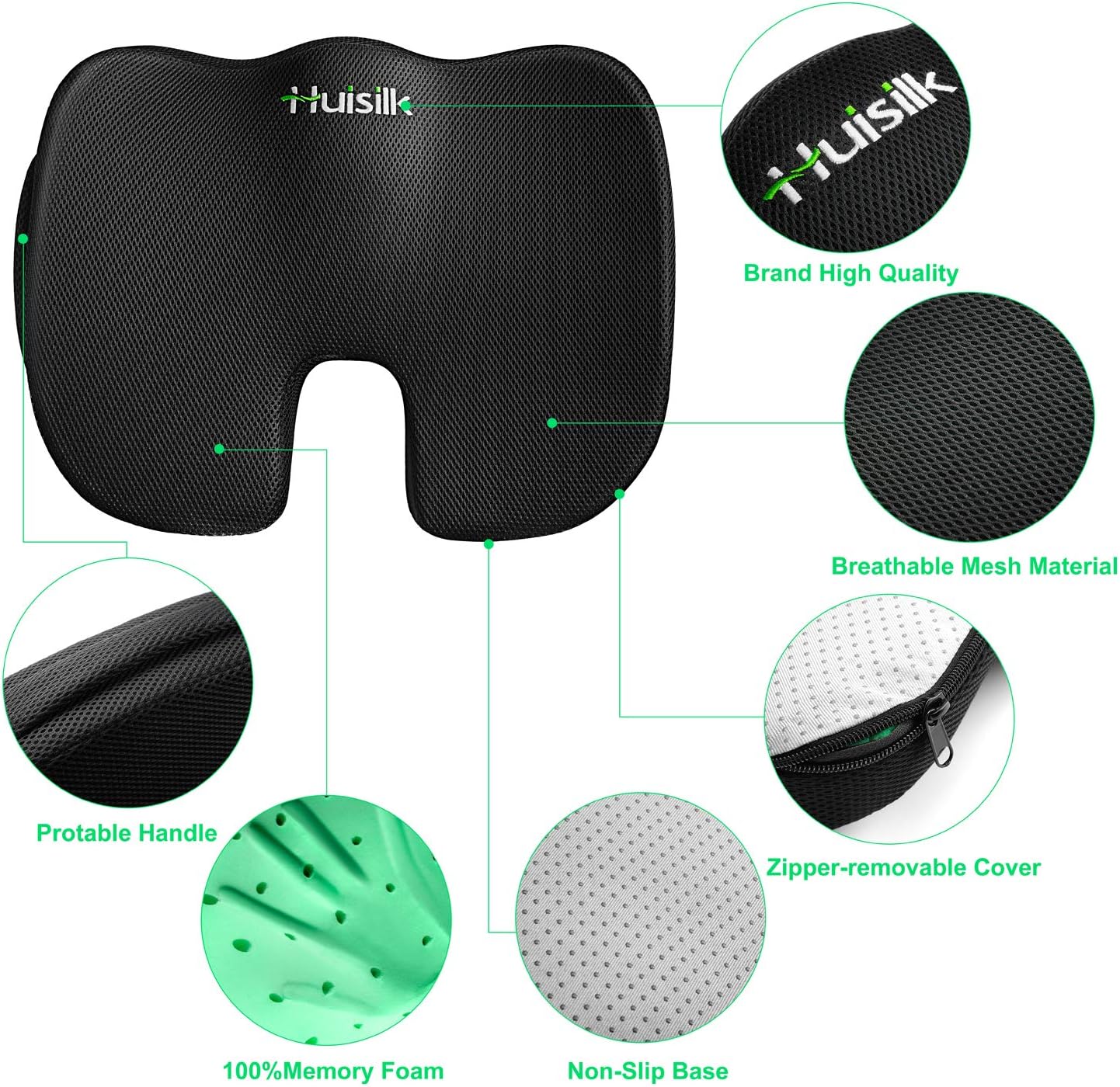 HUISILK Seat Cushion for Office Chair - 100% Pure Memory Foam Car Seat Cushion - Tailbone Pain Relief Cushion - Coccyx Orthopedic Pad - Relieves Back, Hip, Tailbone, Sciatica Pain: Home & Kitchen
