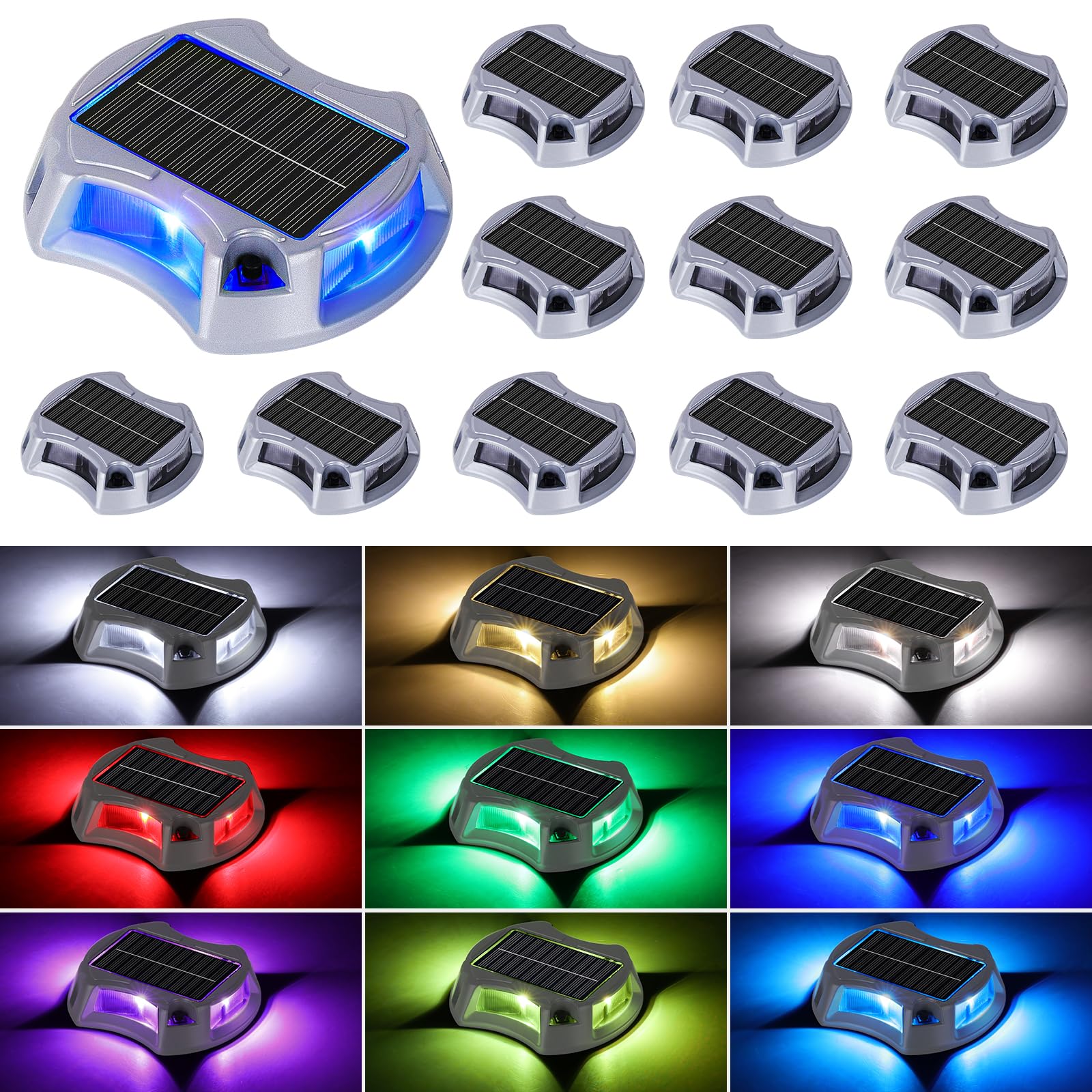 Photo 1 of Bosceos Solar Driveway Lights Deck Dock Lights Outdoor 12 Pack, 9 Colors in 1, Pathway Light Solar Powered Waterproof, LED Marker Marine Light for Warning Driveway Sidewalk Pathway Walkway Step(RGB)